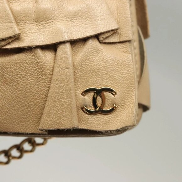 CHANEL Frill Chain Hand Bag Lamb Skin Beige Gold CC Auth yk18806 - Picture 10 of 16